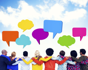 People With Speech Bubble And Cloudy Sky