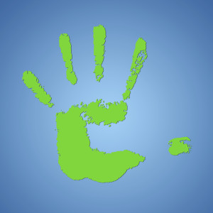 Abstract green hand print on a blue background