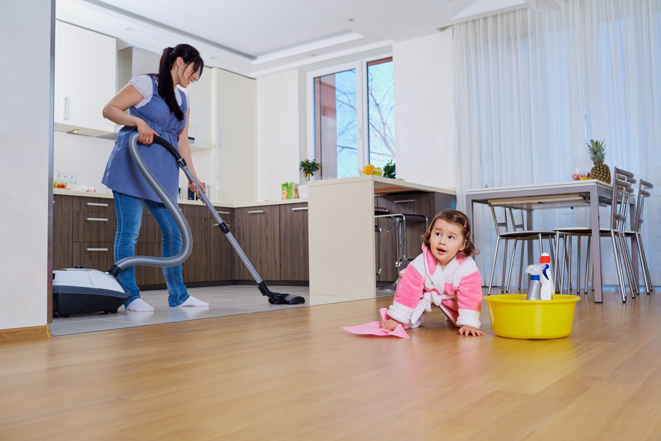 mother and child cleaning