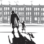 Black & white illustration of a parent and child shadows in the city