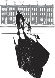 Woodcut style expressionist image of an elderly woman walking in hand with a child in front of row homes
