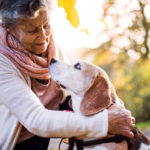 An elderly woman with dog in autumn, outside in nature.