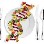 Nutrigenetics concept DNA strand made with healthy fresh vegetables and fruits in a plate
