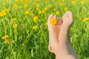 Young woman barefoot, relaxing on the green grass with yellow dandelion between her toes on sunny spring day.